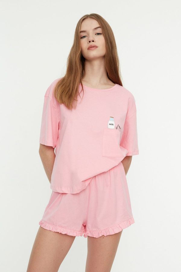 Trendyol Trendyol Pink Cotton Frilly Printed Knitted Pajamas Set