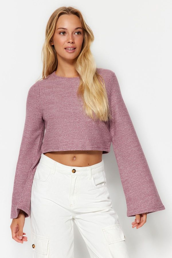 Trendyol Trendyol Pink Crew Neck Spanish Sleeve Ribbed Flexible Crop Knitted Blouse