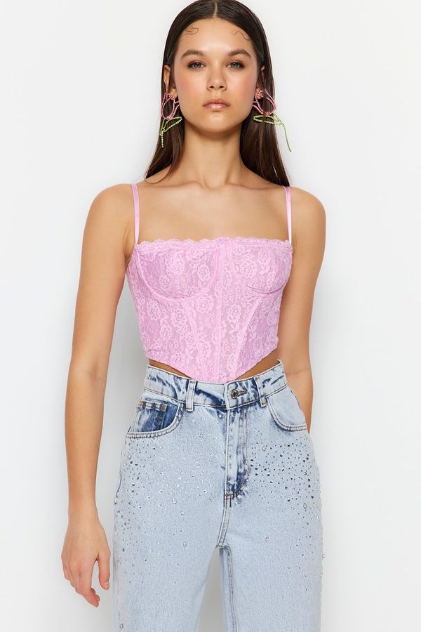 Trendyol Trendyol Pink Crop Lined Corset Detailed Lace Bustier