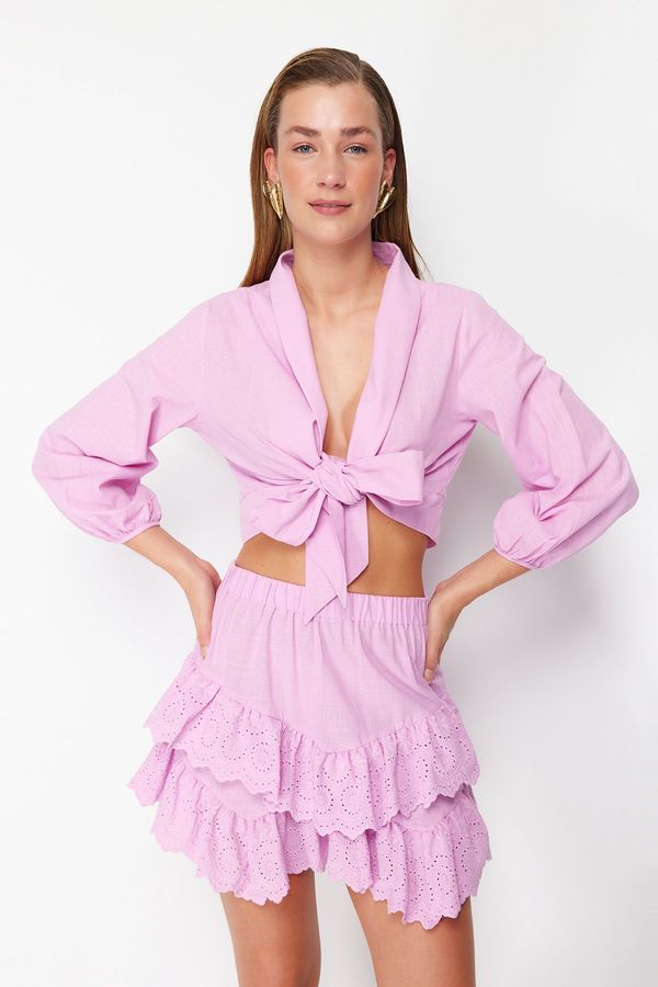 Trendyol Trendyol Pink Crop Woven Tied Blouse