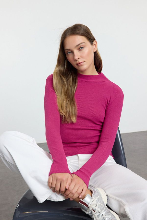 Trendyol Trendyol Pink Fitted High Neck Long Sleeve Ribbed Stretchy Knitted Blouse