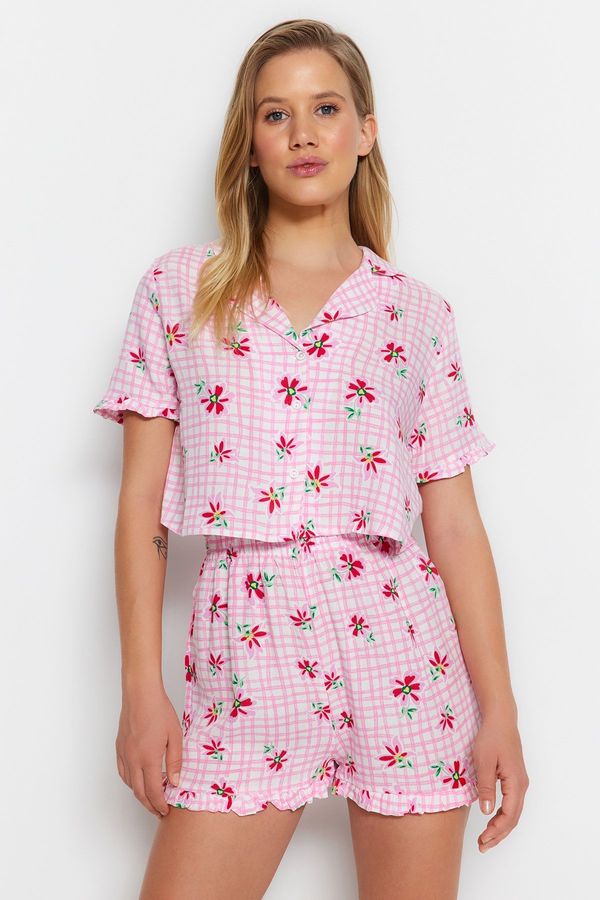 Trendyol Trendyol Pink Floral Frilly Viscose Woven Pajamas Set