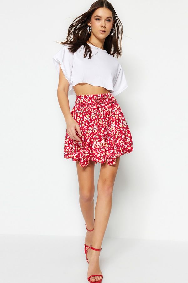 Trendyol Trendyol Pink Floral Patterned Skirt With Ruffles, Normal Waist, Mini Crepe Knitted Skirt