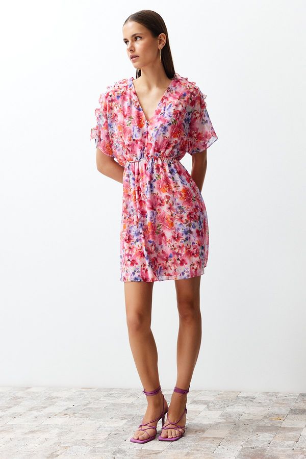 Trendyol Trendyol Pink Floral Print Waist Opening Mini Ruffle Detailed Lined Chiffon Woven Dress