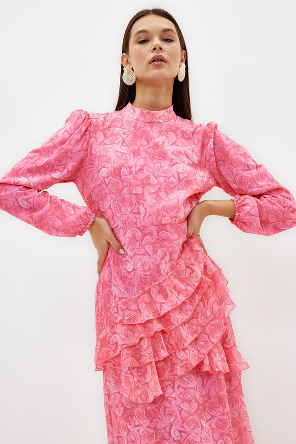 Trendyol Trendyol Pink Floral Skirt Frilly Lined Woven Chiffon Dress
