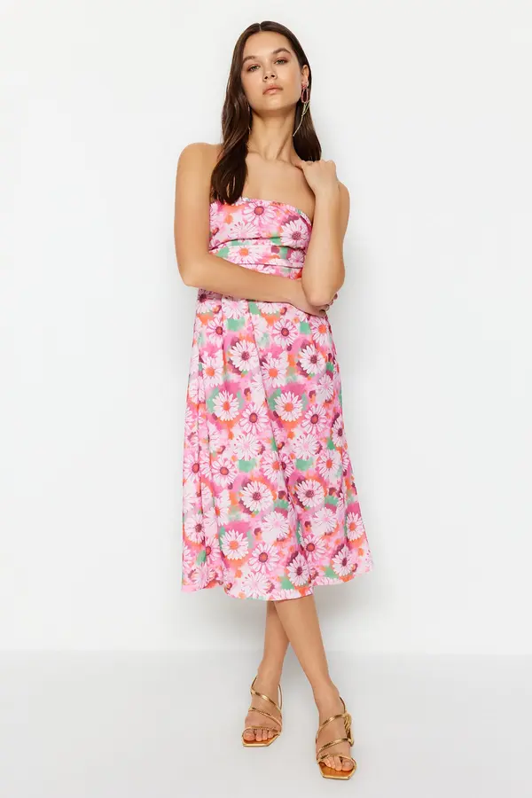 Trendyol Trendyol Pink Floral Strapless Belted Crepe Midi Knitted Dress