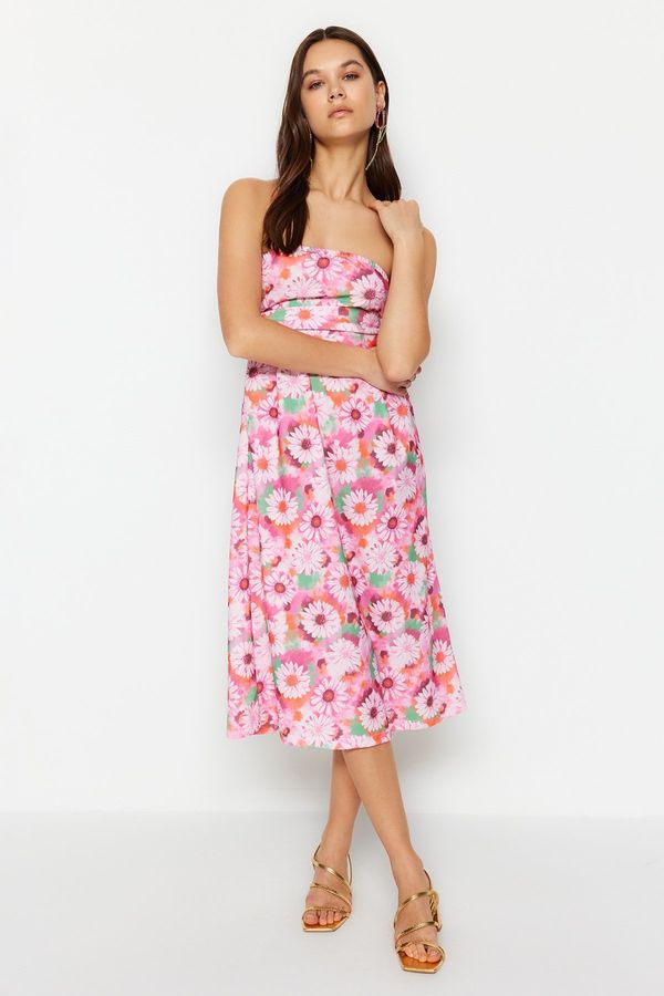 Trendyol Trendyol Pink Floral Strapless Belted Crepe Midi Knitted Dress