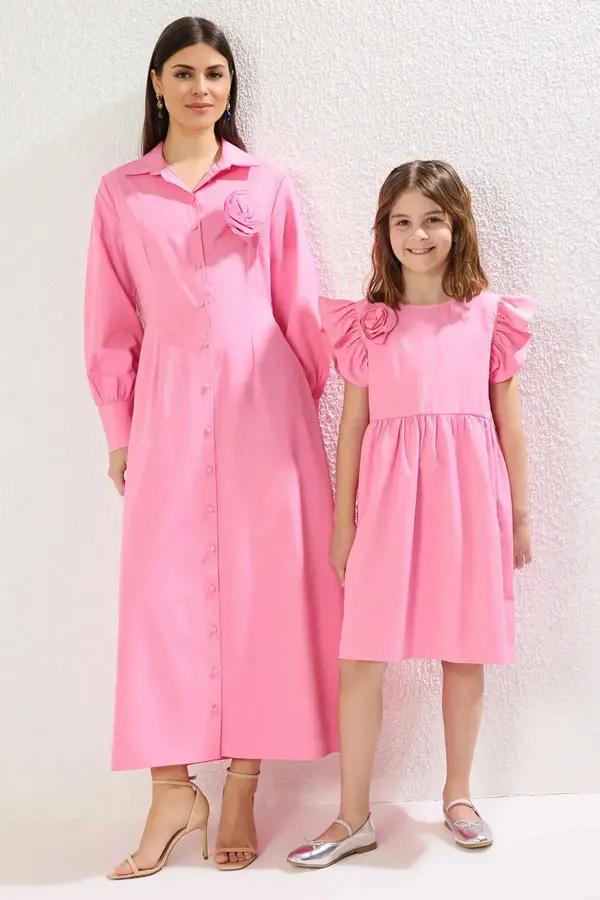 Trendyol Trendyol Pink Flower Detail Buttoned Woven Mother Daughter Shirt Dress
