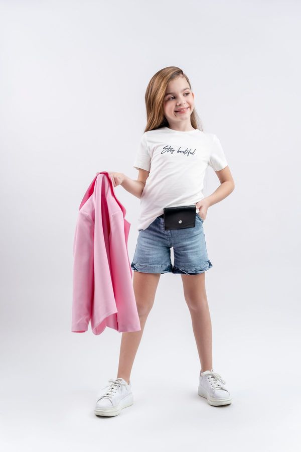 Trendyol Trendyol Pink Girl Jacket T-shirt Denim Shorts Set Knitted Bottom-Top Set