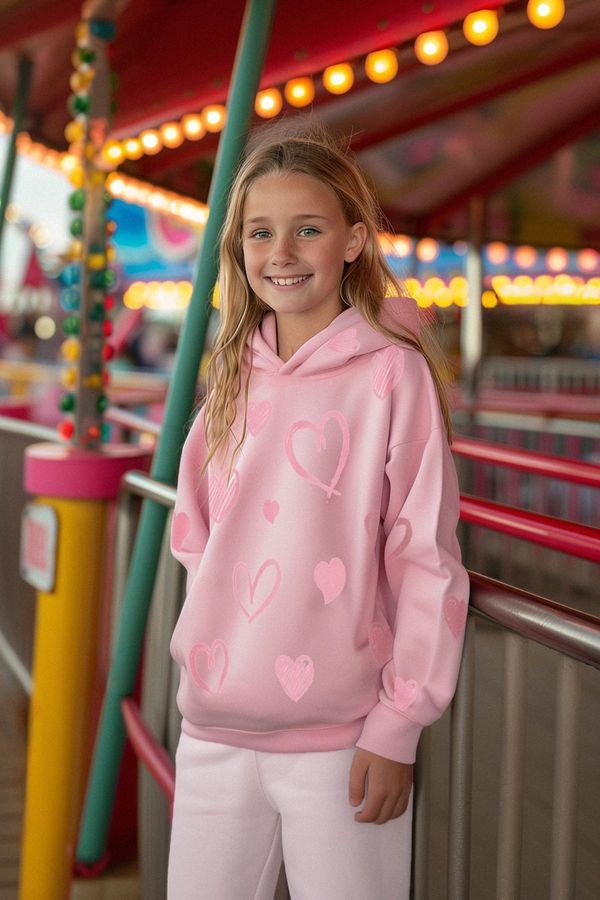 Trendyol Trendyol Pink Girl's Heart Patterned Hooded Knitted Sweatshirt