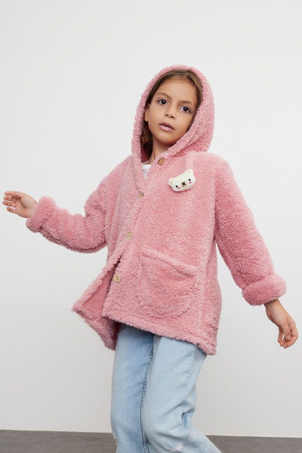 Trendyol Trendyol Pink Girl's Hooded Plush Knitted Jacket with Pockets