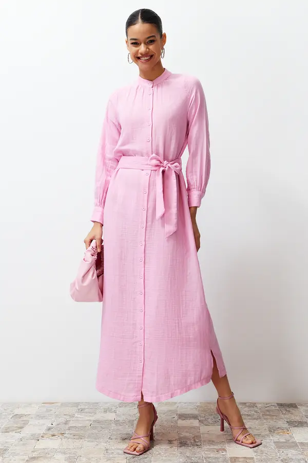 Trendyol Trendyol Pink Judge Collar Belted Buttoned Woven Shirt Dress