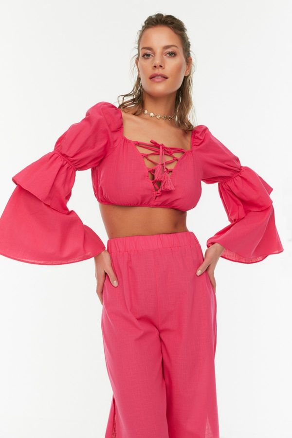 Trendyol Trendyol Pink Long Sleeve Tie Detail Beach Blouse