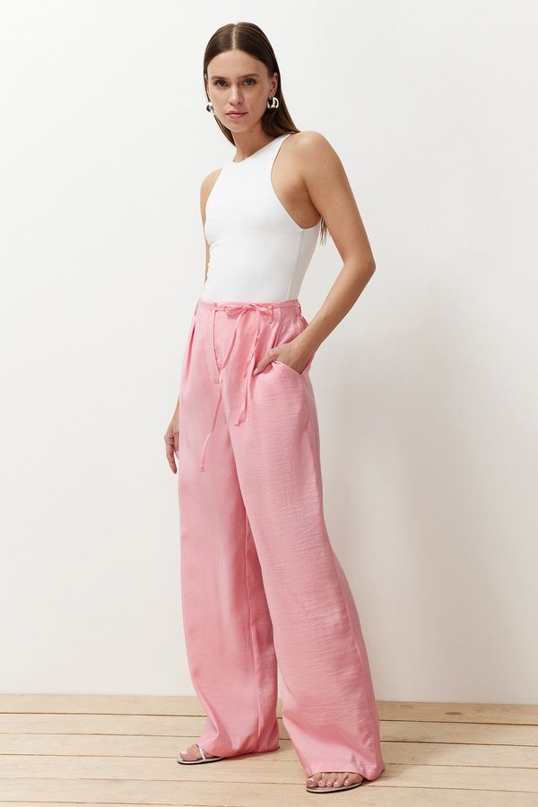 Trendyol Trendyol Pink Modal Content Thin Belt Pleated Wide Cut Wide Leg Woven Trousers