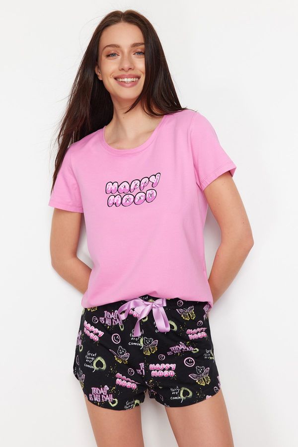 Trendyol Trendyol Pink-Multicolor Slogan Printed Knitted Pajamas Set