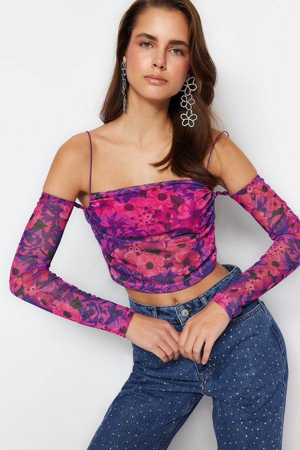 Trendyol Trendyol Pink-Multicolored Crop Lined Tulle Printed Blouse