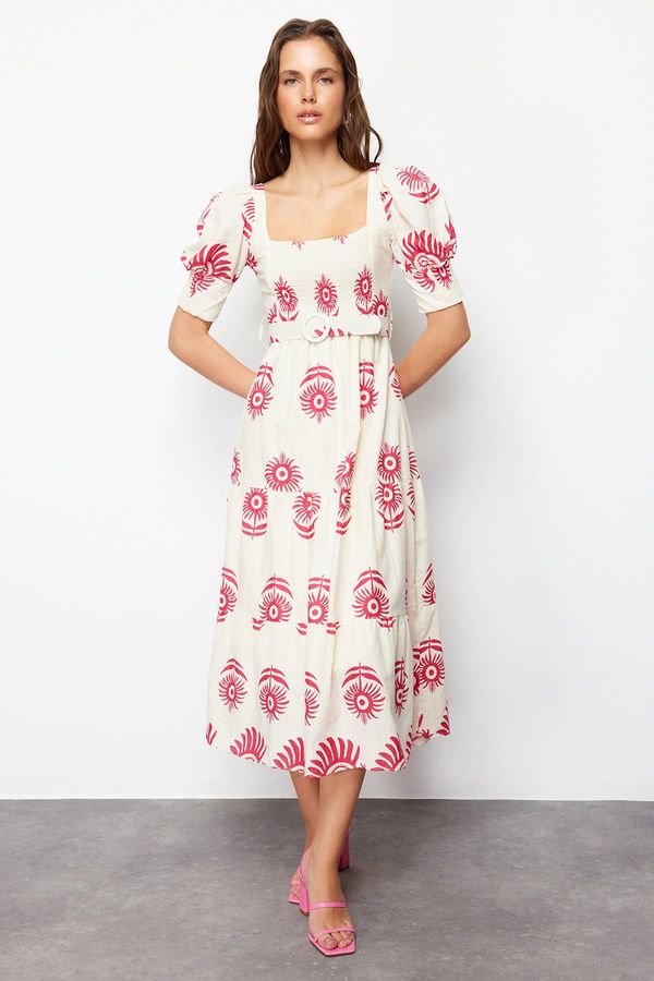 Trendyol Trendyol Pink Patterned Square Neck Linen Look Belted Midi Woven Dress