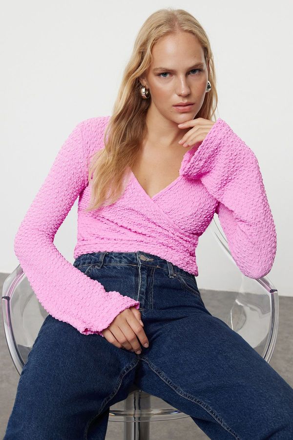 Trendyol Trendyol Pink Premium Textured Fabric Double Breasted Neck Regular/Normal Fit Crop Knitted Blouse