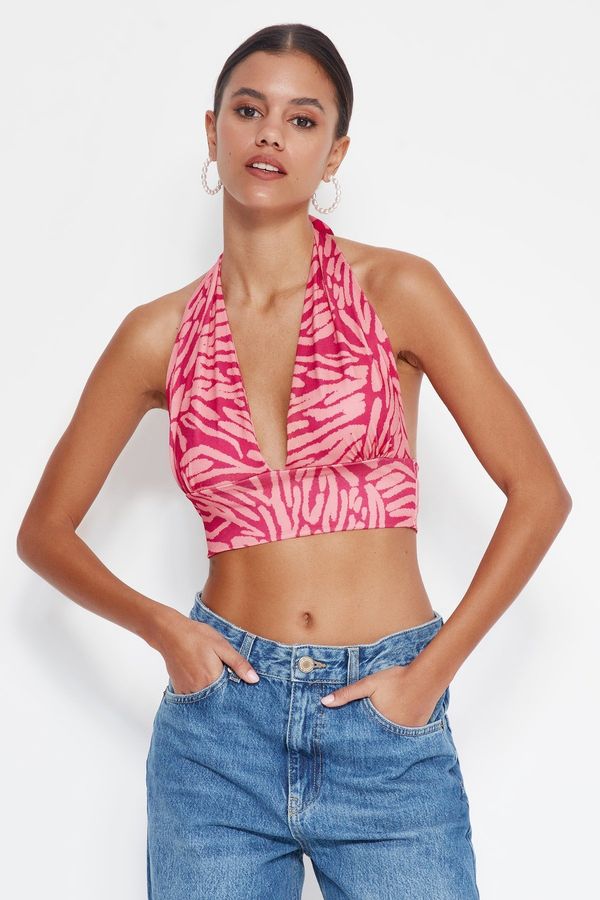 Trendyol Trendyol Pink Printed Barter Fitted Super Crop Stretch Knit Blouse