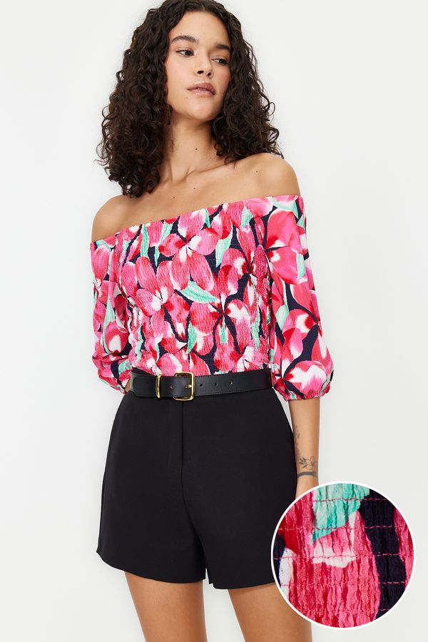 Trendyol Trendyol Pink Printed Gimped Carmen Neck Three Quarter Sleeve Twill/Textured Knitted Blouse