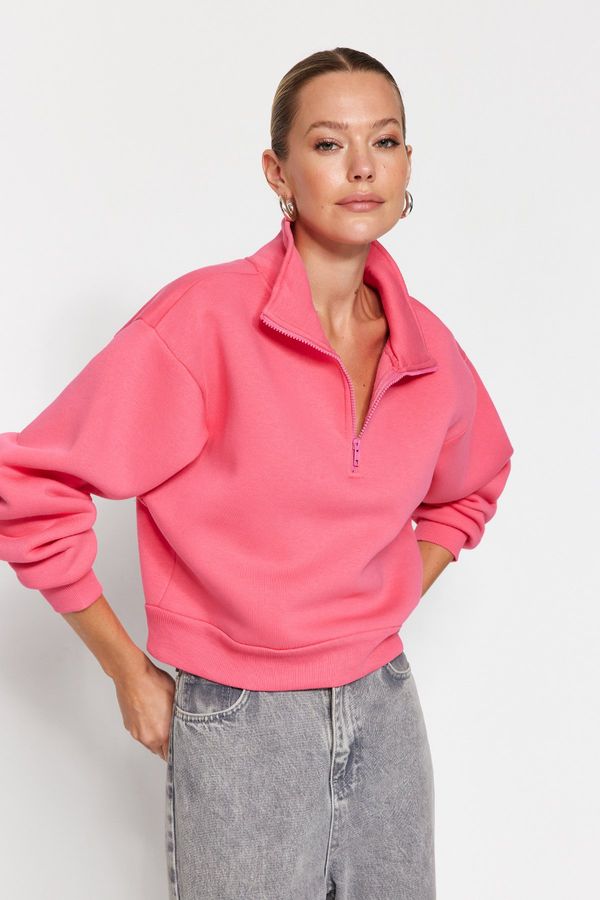 Trendyol Trendyol Pink Relaxed Cut Crop Basic Zippered Stand Collar Thick Inside Fleece Knitted Sweatshirt