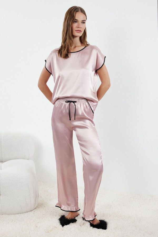 Trendyol Trendyol Pink Ruffle, Tie and Piping Detailed Satin Woven Pajama Set