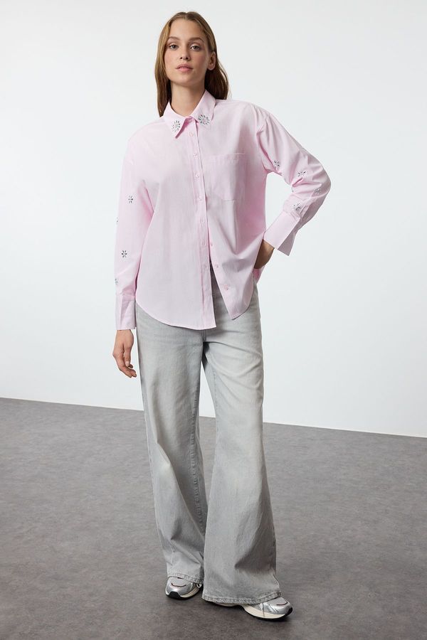 Trendyol Trendyol Pink Sleeves Stone Detailed Overszie Wide Fit Shirt