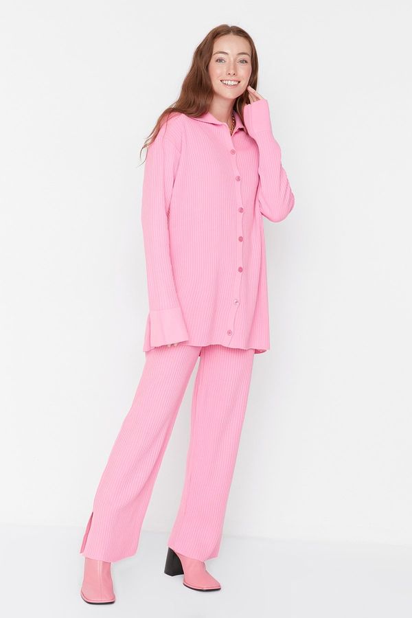 Trendyol Trendyol Pink Slit Detailed Cardigan-Pants Knitwear Set
