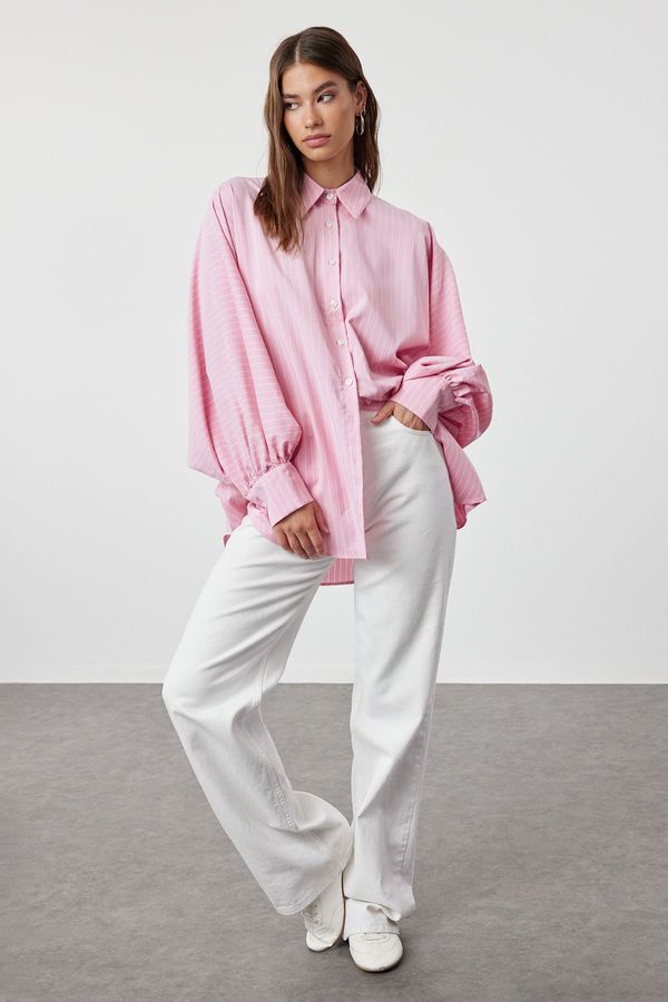 Trendyol Trendyol Pink Striped Balloon Sleeve Cotton Woven Shirt