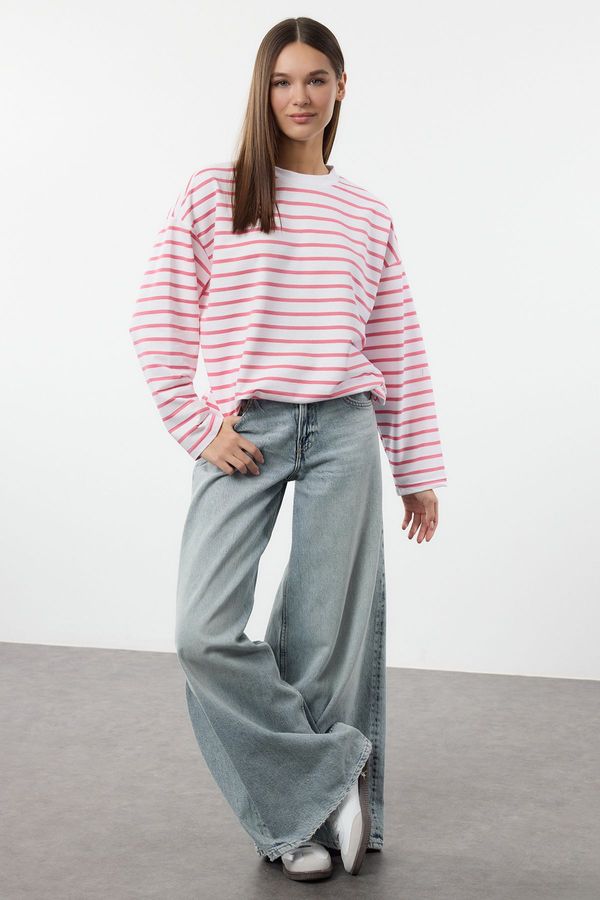 Trendyol Trendyol Pink Striped Oversize/Wide Cut Crew Neck Thin Knitted Sweatshirt