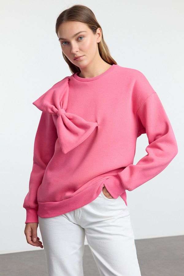 Trendyol Trendyol Pink Thin Crew Neck Ribbon Detailed Oversize/Comfortable Fit Knitted Sweatshirt