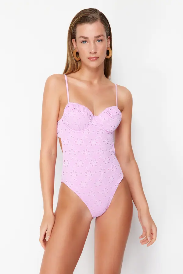 Trendyol Trendyol Pink V-Neck Tie-Up Premium Fabric Regular Swimsuit
