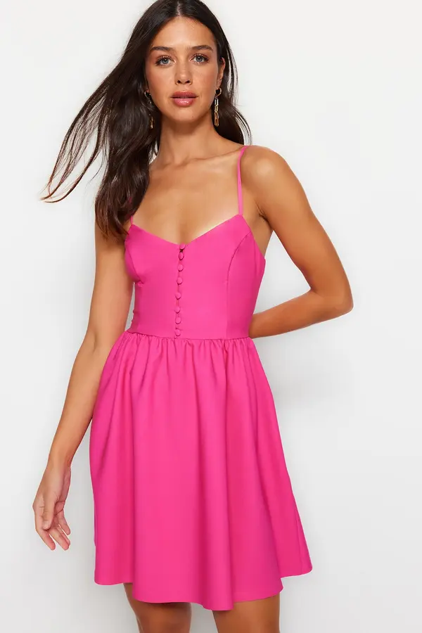 Trendyol Trendyol Pink Waist Odpiranje mini tkanega gumba Podrobna tkana obleka