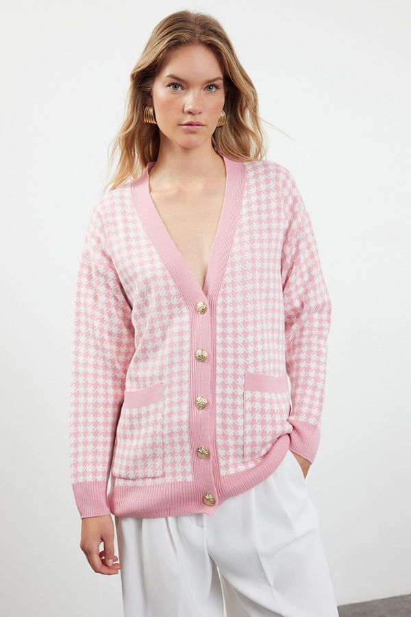 Trendyol Trendyol Pink Wide Fit Houndstooth Knitwear Cardigan