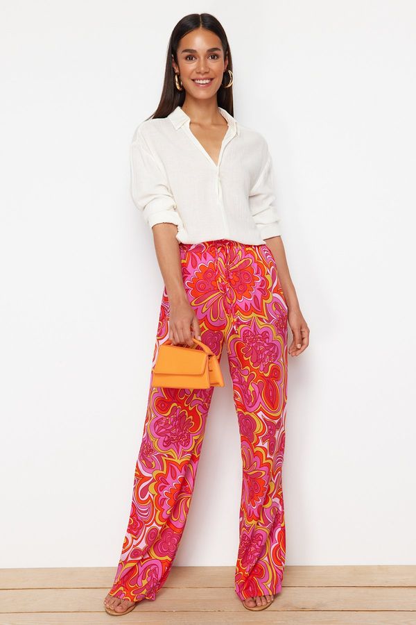 Trendyol Trendyol Pink Wide Leg Patterned Woven Trousers with Elastic Waist Tie Detail