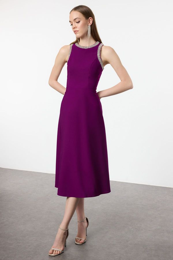 Trendyol Trendyol Plum A-Cut Stone Accessory Woven Dress