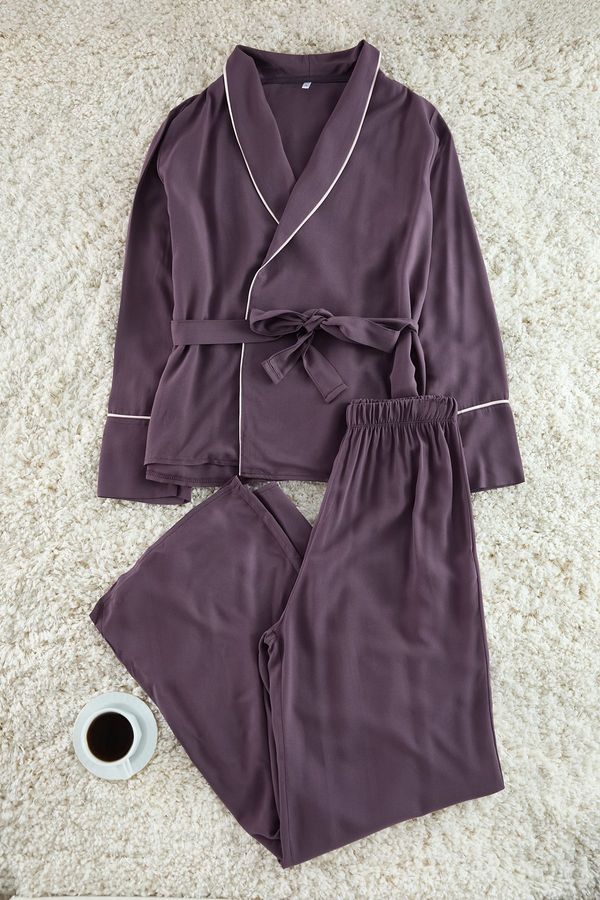 Trendyol Trendyol Plum Belted Piping Detailed Double Breasted Viscose Woven Pajama Set