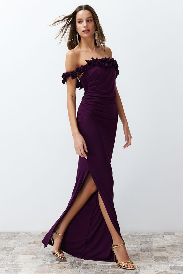 Trendyol Trendyol Plum Body-fitting Knitted Long Elegant Evening Dress