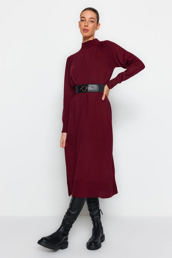 Trendyol Trendyol Plum Faux Leather Standing Knitwear Dress With Belt