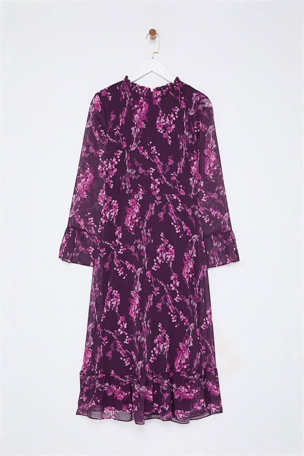 Trendyol Trendyol Plum Floral Patterned A-Line Stand Collar Midi Lined Chiffon Woven Winter Dress