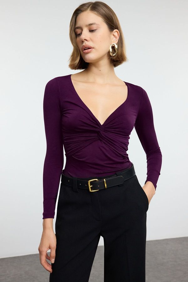 Trendyol Trendyol Plum Gathered/Drape Detailed Fitted/Fits the Body Long Sleeve Flexible Knitted Blouse