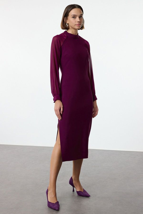 Trendyol Trendyol Plum High Collar Sleeve Detailed Midi Woven Dress