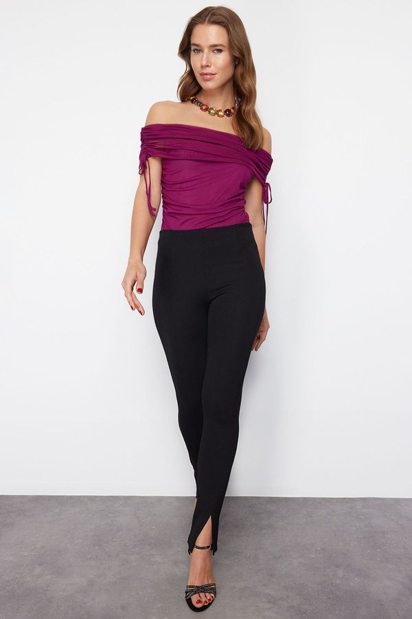 Trendyol Trendyol Plum Knitted Carmen Neck Tulle Bodysuit