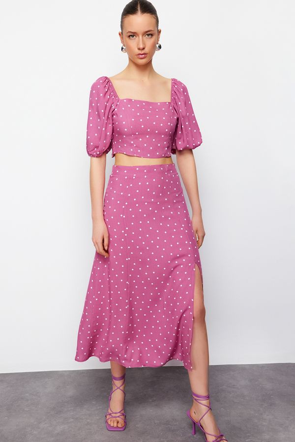Trendyol Trendyol Plum Slit Midi Viscose Woven Polka Dot Blouse-Skirt Set
