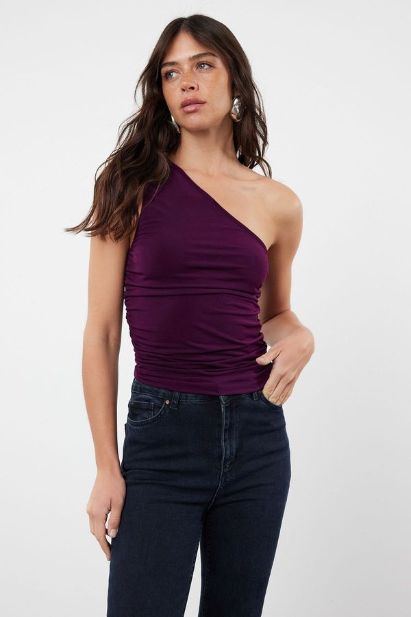 Trendyol Trendyol Plum Smocking Detailed Fitted One-Shoulder Stretchy Knitted Blouse