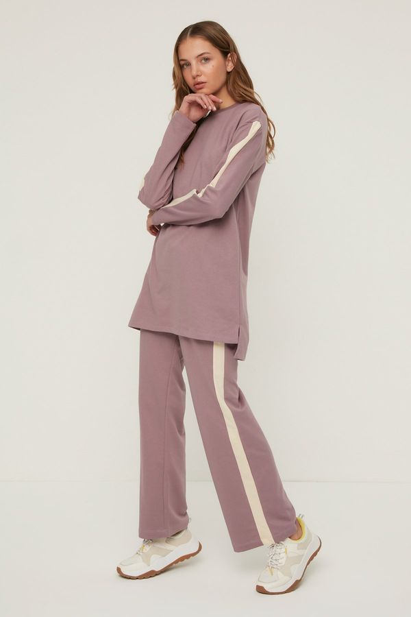 Trendyol Trendyol Plum Stripe Detailed Knitted Tracksuit Set with Side Slits