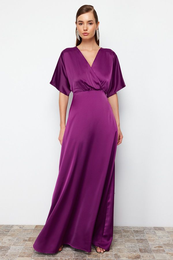 Trendyol Trendyol Plum Waist Opening/Skater Woven Long Night Satin Evening Dress