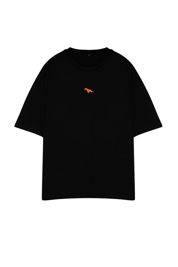 Trendyol Trendyol Plus Size Black Oversize/Wide Cut 100% Cotton Dinosaur Embroidered T-Shirt