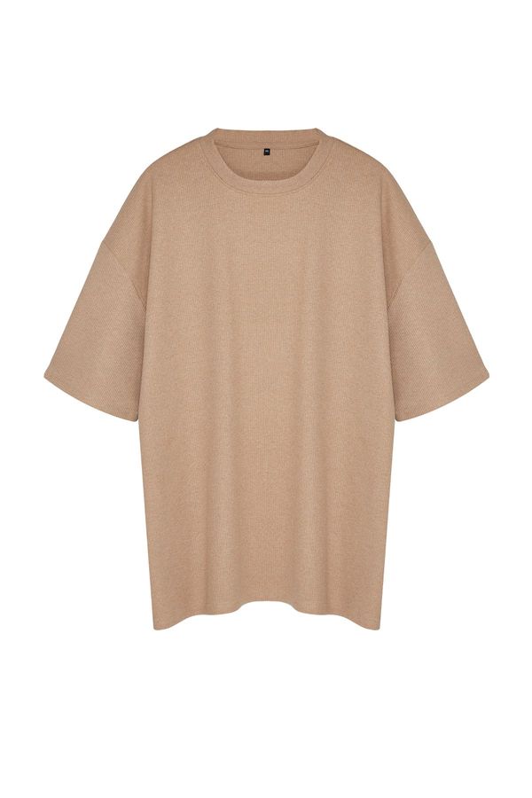 Trendyol Trendyol Plus Size Camel Oversize/Wide Cut Crew Neck Basic Textured T-shirt