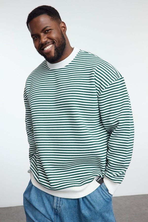 Trendyol Trendyol Plus Size Green Oversize/Wide Cut Striped Inside Polar Fleece Sweatshirt